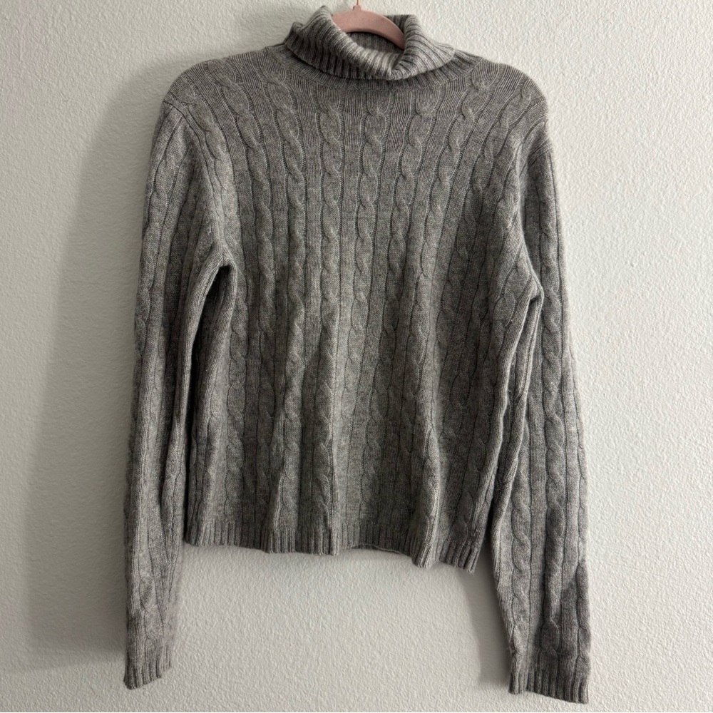 Lord & Taylor Women’s Grey Two Ply Cashmere Turtleneck Cable Knit Sweater